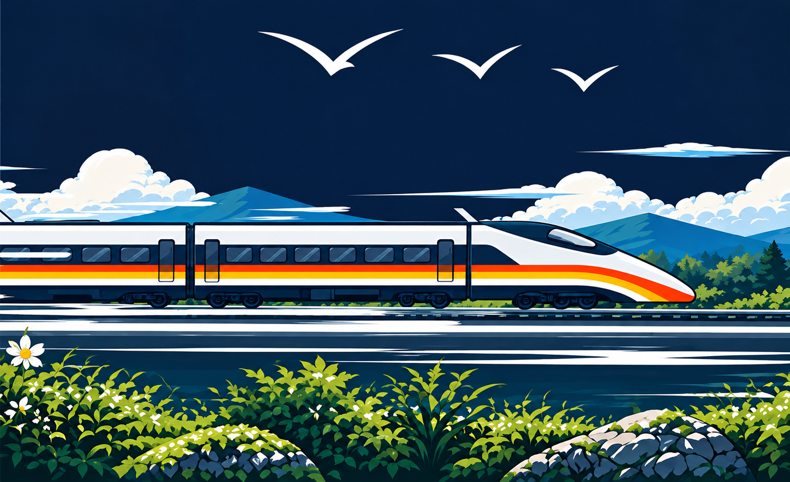 Tren de alta velocidad entre montañas y vegetación.